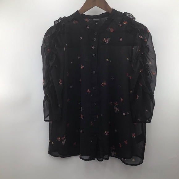 Who What Wear Tops - Who What Wear Black Sheer Floral Button-Up Blouse